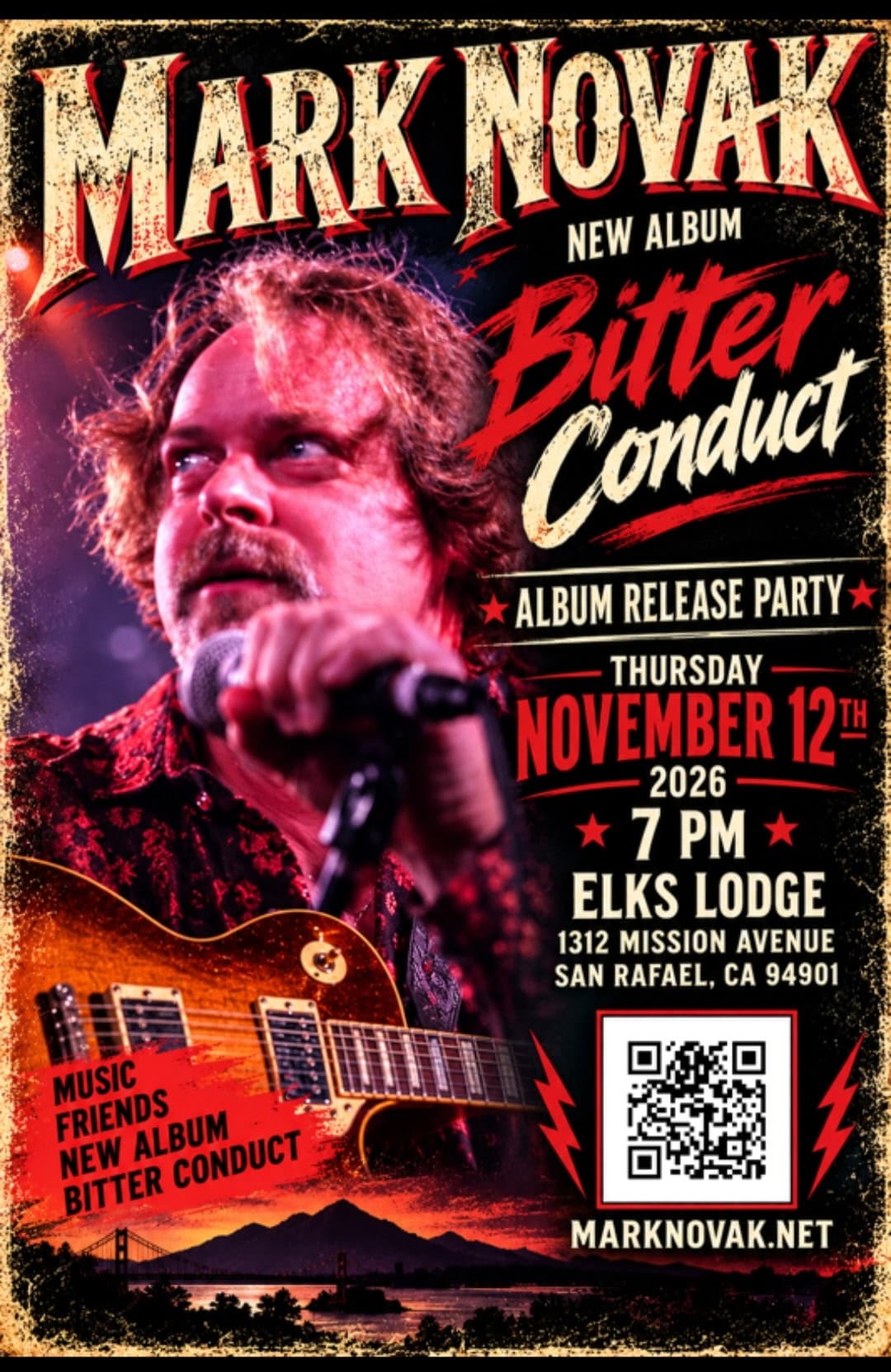 Flyer for Mark Novak’s Bitter Conduct album release party on November 12, 2026 at 7 PM at Elks Lodge in San Rafael